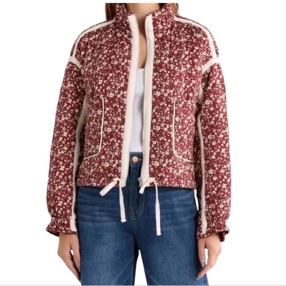 BLANKNYC Cropped Quilted Floral Jacket Budding Bordeaux Size Large NWT